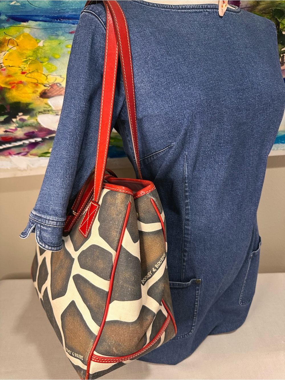 Dooney & Bourke Red-Trim Giraffe Print Canvas Tote Vintage - Picture 4 of 16